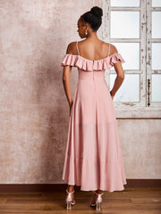 Flutter Sleeves Pleated Off-The-Shoulder Tea-Length Dresses Dusty Rose