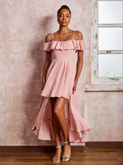 Flutter Sleeves Pleated Off-The-Shoulder Tea-Length Dresses Dusty Rose