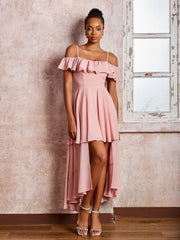 Flutter Sleeves Pleated Off-The-Shoulder Tea-Length Dresses Dusty Rose