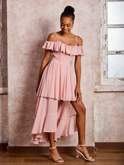 Flutter Sleeves Pleated Off-The-Shoulder Tea-Length Dresses Dusty Rose