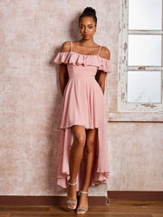 Flutter Sleeves Pleated Off-The-Shoulder Tea-Length Dresses Dusty Rose
