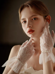 Romantic Short Sheer Lace Pearl Gloves
