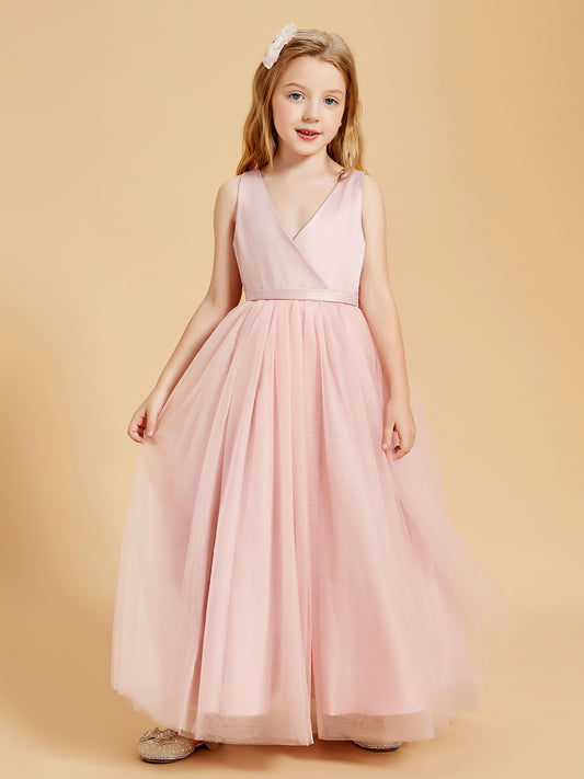 Tulle Junior Bridesmaid Dresses Satin Top Glamourous Bowknot Dusty Rose