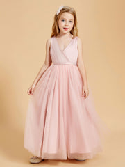 BABARONI Tulle Dusty Rose Junior Bridesmaid Dresses A-line V-neck Sleeveless Bow Sash Floor-length BABARONI Tulle Dusty Rose Junior Bridesmaid Dresses A-line V-neck Sleeveless Bow Sash Floor-length