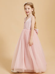 Tulle Junior Bridesmaid Dresses Satin Top Glamourous Bowknot Dusty Rose