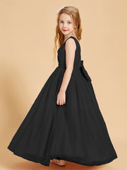 Tulle Junior Bridesmaid Dresses Satin Top Glamourous Bowknot Black
