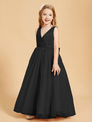 Tulle Junior Bridesmaid Dresses Satin Top Glamourous Bowknot Black