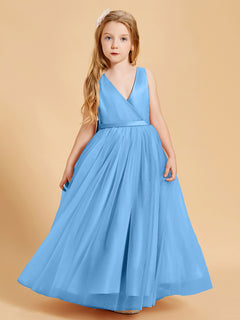 Tulle Junior Bridesmaid Dresses Satin Top Glamourous Bowknot Blue