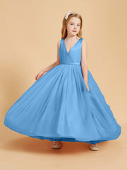 Tulle Junior Bridesmaid Dresses Satin Top Glamourous Bowknot Blue