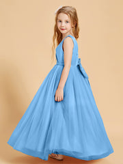 Tulle Junior Bridesmaid Dresses Satin Top Glamourous Bowknot Blue