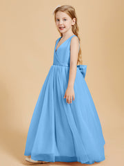 Tulle Junior Bridesmaid Dresses Satin Top Glamourous Bowknot Blue