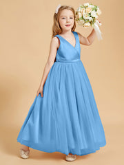 Tulle Junior Bridesmaid Dresses Satin Top Glamourous Bowknot Blue