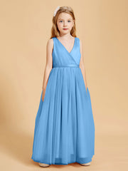 Tulle Junior Bridesmaid Dresses Satin Top Glamourous Bowknot Blue