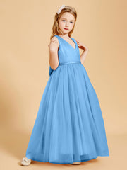 Tulle Junior Bridesmaid Dresses Satin Top Glamourous Bowknot Blue