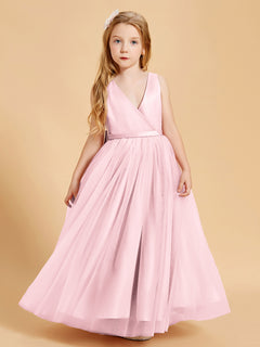 Tulle Junior Bridesmaid Dresses Satin Top Glamourous Bowknot Blushing Pink