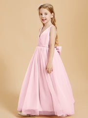 Tulle Junior Bridesmaid Dresses Satin Top Glamourous Bowknot Blushing Pink