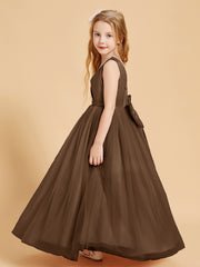 Tulle Junior Bridesmaid Dresses Satin Top Glamourous Bowknot Brown