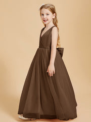 Tulle Junior Bridesmaid Dresses Satin Top Glamourous Bowknot Brown