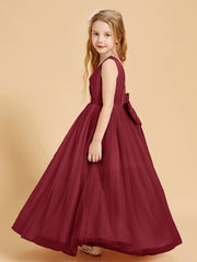 Tulle Junior Bridesmaid Dresses Satin Top Glamourous Bowknot Burgundy