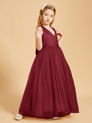Tulle Junior Bridesmaid Dresses Satin Top Glamourous Bowknot Burgundy