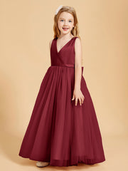 Tulle Junior Bridesmaid Dresses Satin Top Glamourous Bowknot Burgundy