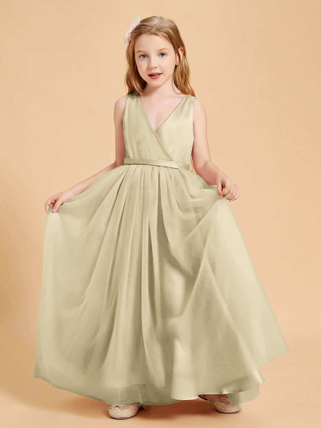 satin champagne junior bridesmaid dress BABARONI Tulle Dresses A-line V-neck Sleeveless Bow Sash Floor-length, Champagne / J4 your junior bridesmaid can Color:C Florashe spltag__inventory_keepalive Elsa dress for kids