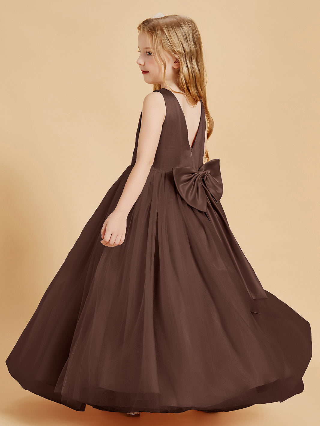 BABARONI Tulle Junior Bridesmaid Dresses Satin Top Glamourous Bowknot Chocolate, Chocolate / J4 BABARONI Tulle Junior Bridesmaid Dresses Satin Top Glamourous Bowknot Chocolate, Chocolate / J4