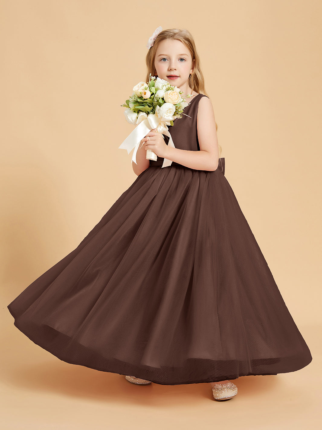 BABARONI Tulle Junior Bridesmaid Dresses Satin Top Glamourous Bowknot Chocolate, Chocolate / J4
