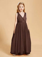 chocolate junior bridesmaid dresses BABARONI BABARONI Tulle Chocolate Junior Bridesmaid Dresses A-line V-neck Sleeveless Bow Sash Floor-length, Chocolate / J4