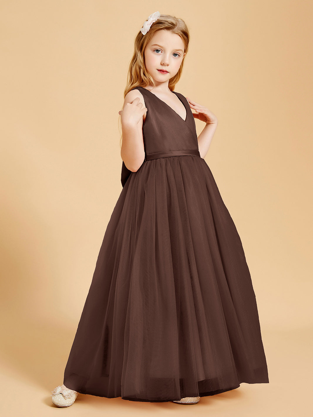 open lace back dress BABARONI Tulle Chocolate Junior Bridesmaid Dresses A-line V-neck Sleeveless  Bow Sash Floor-length