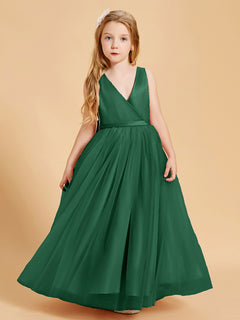 Tulle Junior Bridesmaid Dresses Satin Top Glamourous Bowknot Dark Green