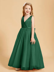 Tulle Junior Bridesmaid Dresses Satin Top Glamourous Bowknot Dark Green