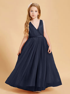 Tulle Junior Bridesmaid Dresses Satin Top Glamourous Bowknot Dark Navy