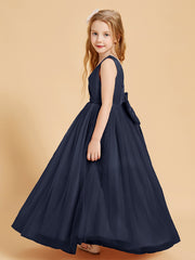 Tulle Junior Bridesmaid Dresses Satin Top Glamourous Bowknot Dark Navy