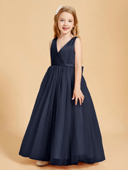 Tulle Junior Bridesmaid Dresses Satin Top Glamourous Bowknot Dark Navy