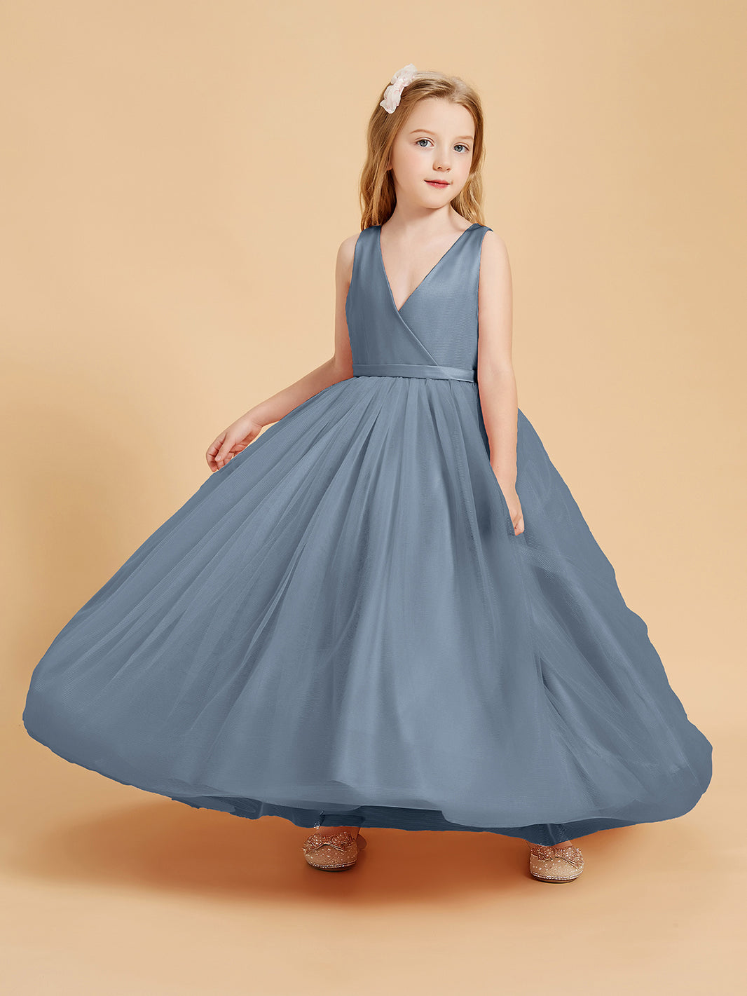 BABARONI Tulle Junior Bridesmaid Dresses Satin Top Glamourous Bowknot Dusty Blue, Dusty Blue / J4