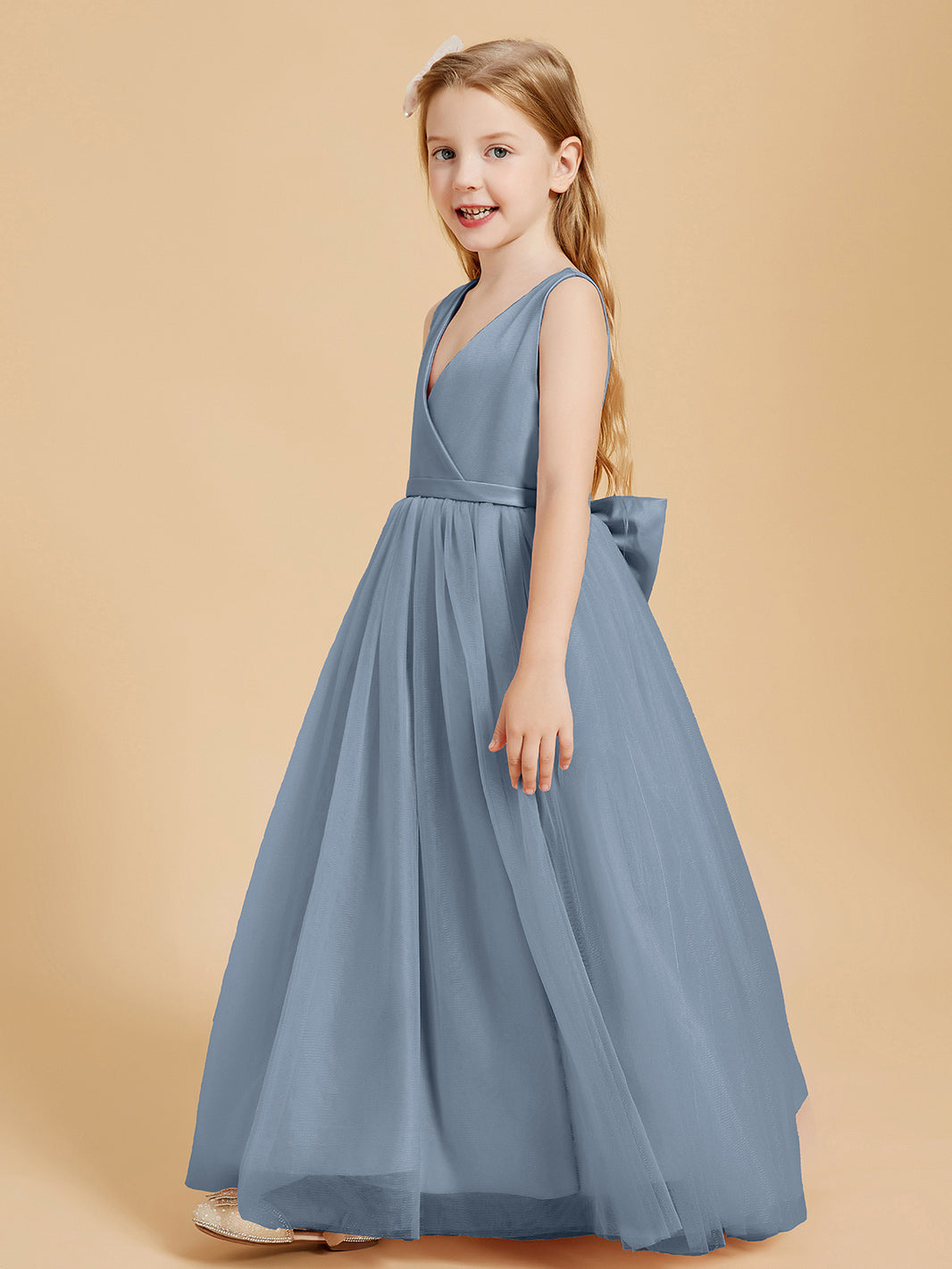 BABARONI Tulle Junior Bridesmaid Dresses Satin Top Glamourous Bowknot Dusty Blue, Dusty Blue / J4