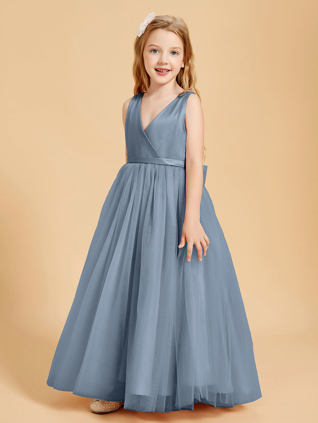 BABARONI Tulle Junior Bridesmaid Dresses Satin Top Glamourous Bowknot Dusty Blue, Dusty Blue / J4 BABARONI Tulle Junior Bridesmaid Dresses Satin Top Glamourous Bowknot Dusty Blue, Dusty Blue / J4
