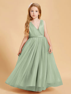 Tulle Junior Bridesmaid Dresses Satin Top Glamourous Bowknot Dusty Sage