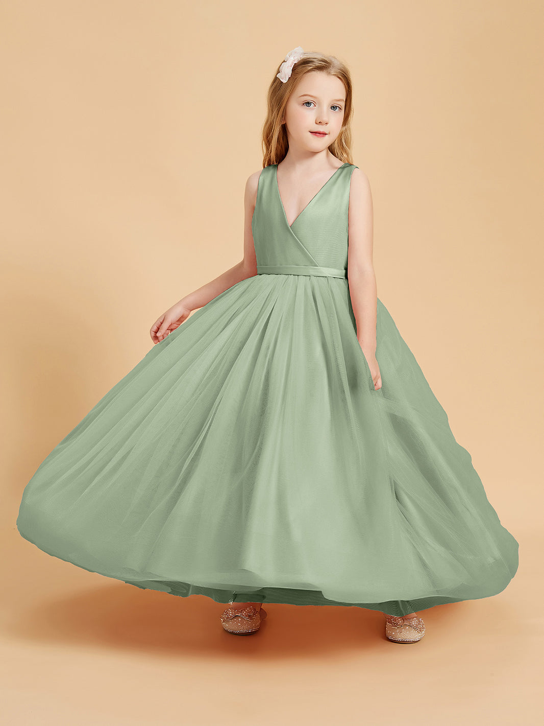 BABARONI Tulle Dusty Sage Junior Bridesmaid Dresses A-line V-neck Sleeveless Bow Sash Floor-length, Dusty Sage / J4