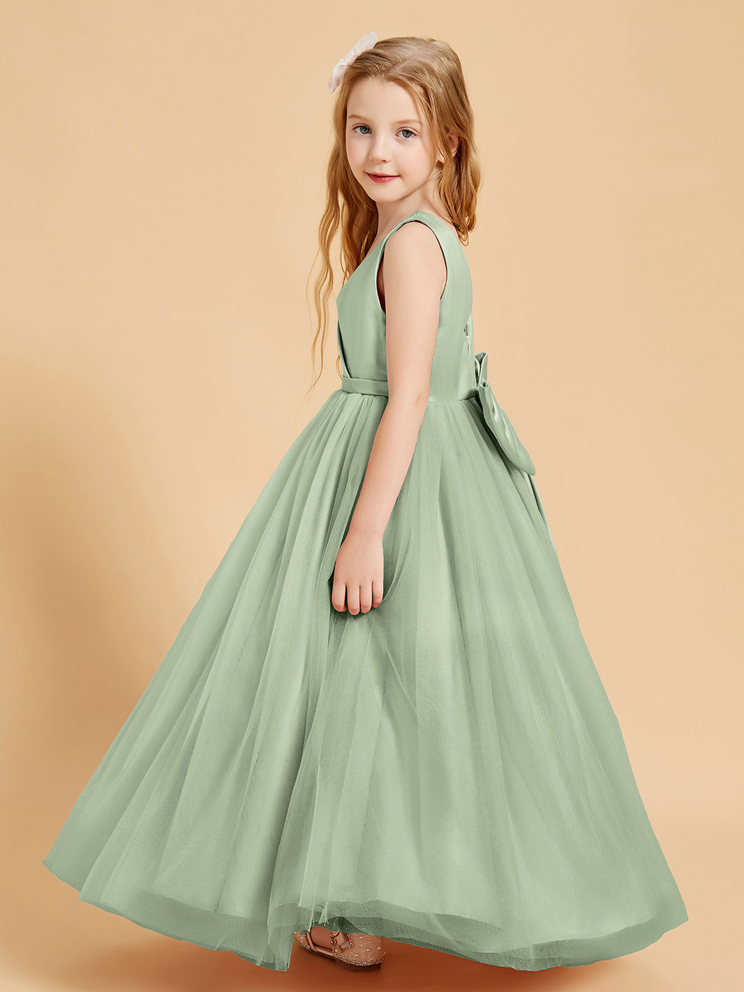 BABARONI Tulle Junior Bridesmaid Dresses Satin Top Glamourous Bowknot Dusty Sage, Dusty Sage / J4 BABARONI Tulle Junior Bridesmaid Dresses Satin Top Glamourous Bowknot Dusty Sage, Dusty Sage / J4