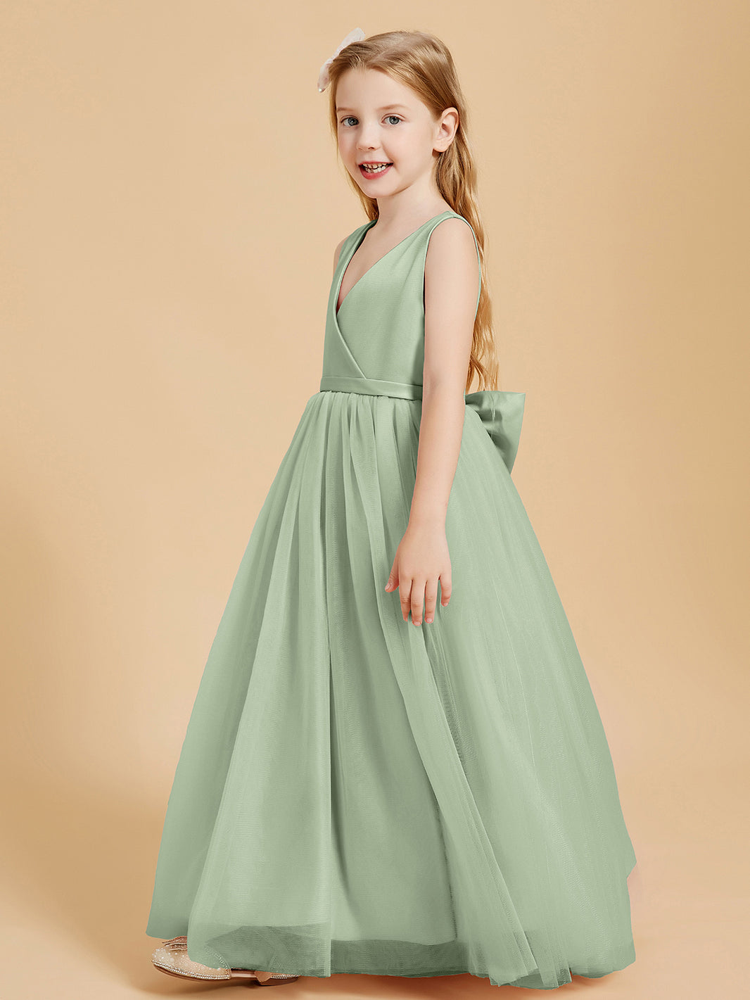 blue dress for baby girl BABARONI Tulle Dusty Sage Junior Bridesmaid Dresses A-line V-neck  Sleeveless Bow Sash Floor-length