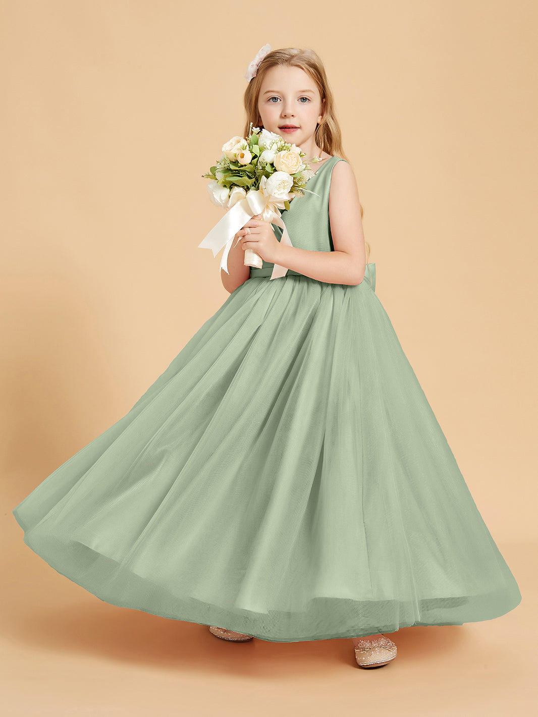 BABARONI Tulle Junior Bridesmaid Dresses Satin Top Glamourous Bowknot Dusty Sage, Dusty Sage / J4