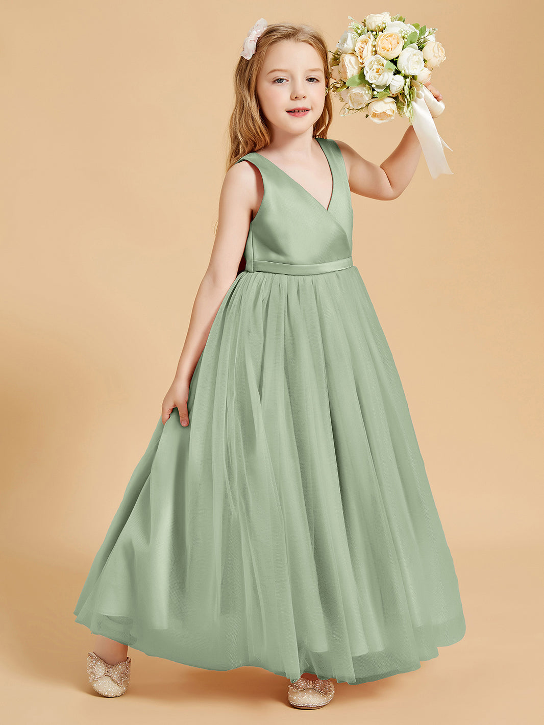BABARONI Tulle Dusty Sage Junior Bridesmaid Dresses A-line V-neck Sleeveless Bow Sash Floor-length, Dusty Sage / J4