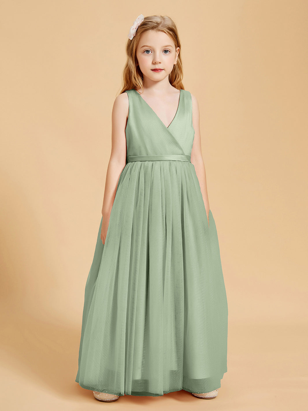 BABARONI Tulle Junior Bridesmaid Dresses Satin Top Glamourous Bowknot Dusty Sage, Dusty Sage / J4 BABARONI Tulle Junior Bridesmaid Dresses Satin Top Glamourous Bowknot Dusty Sage, Dusty Sage / J4