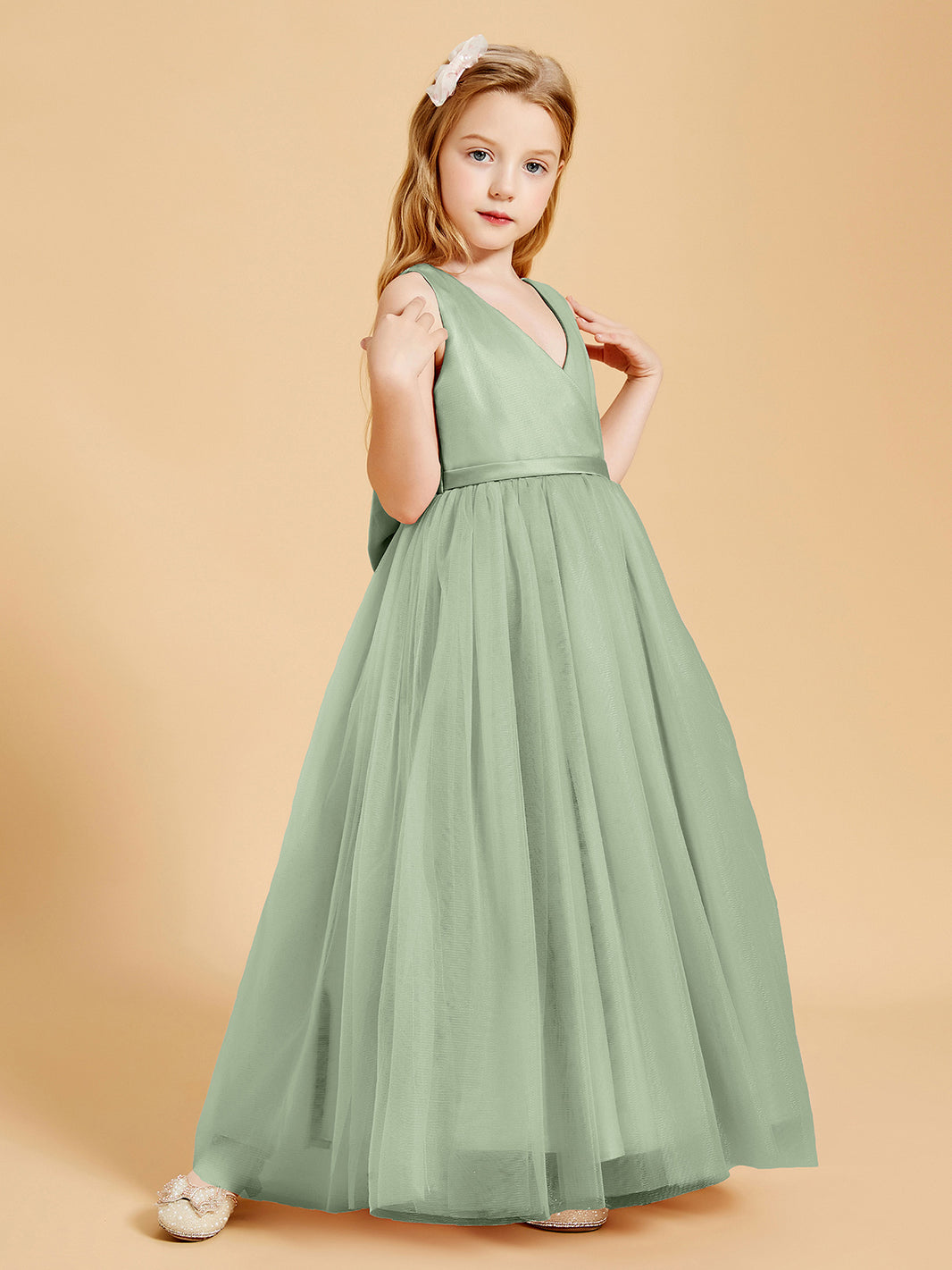 BABARONI Tulle Junior Bridesmaid Dresses Satin Top Glamourous Bowknot Dusty Sage, Dusty Sage / J4