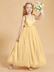 Tulle Junior Bridesmaid Dresses Satin Top Glamourous Bowknot Gold