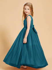 Tulle Junior Bridesmaid Dresses Satin Top Glamourous Bowknot Ink Blue