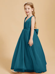 Tulle Junior Bridesmaid Dresses Satin Top Glamourous Bowknot Ink Blue
