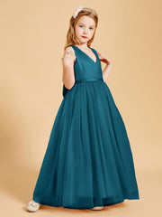 Tulle Junior Bridesmaid Dresses Satin Top Glamourous Bowknot Ink Blue